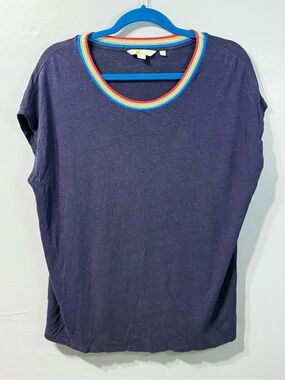 Boden Linen Blend Navy Top with Rainbow Collar Short Sleeve Women’s Top Size 14